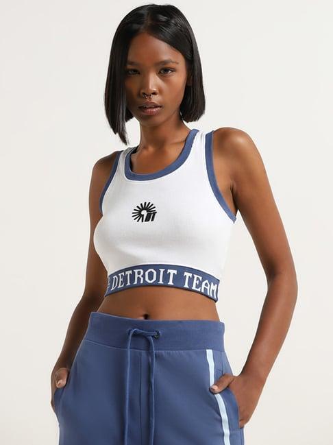 studiofit by westside white & blue text printed crop top