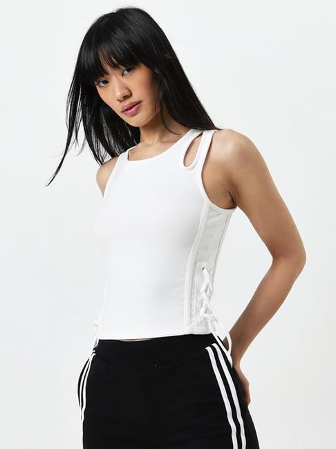 studiofit by westside white cut-out detailed cotton top