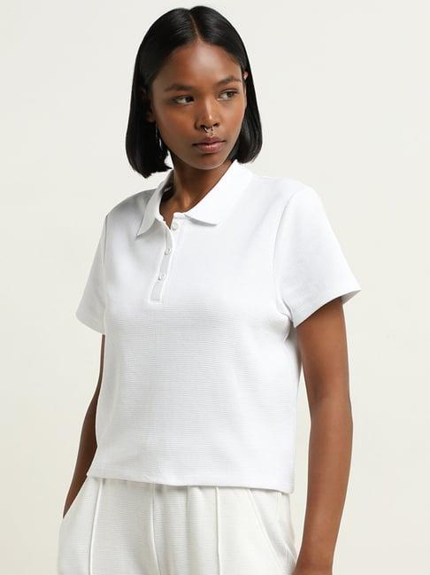 studiofit by westside white waffle-textured cotton polo t-shirt