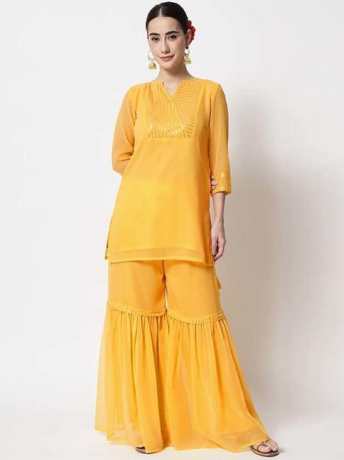 studiorasa yellow embellished short kurti sharara set