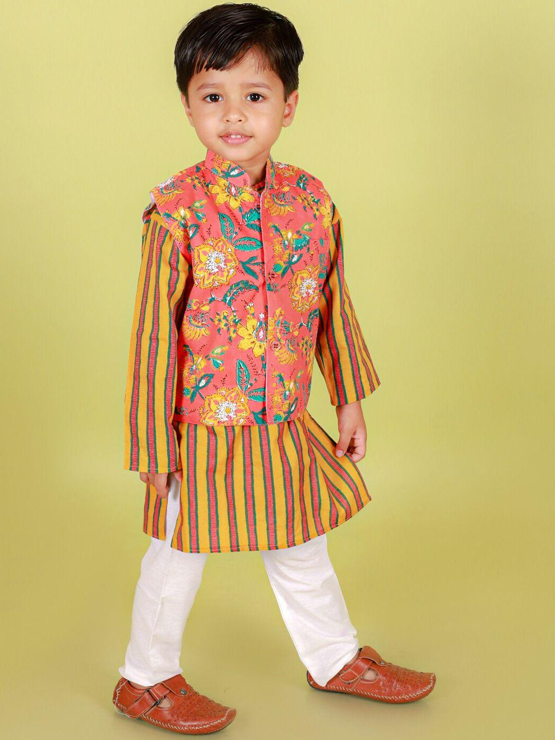 stuffie land boys striped regular pure cotton kurta with pyjamas & nehru jacket