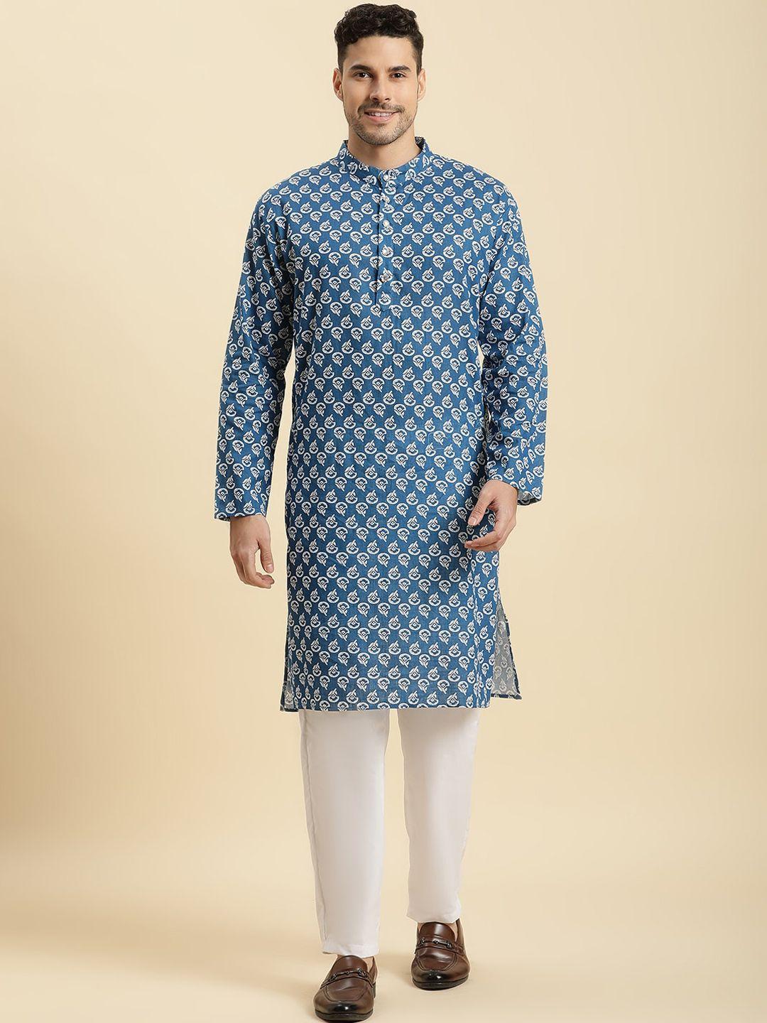 stuffie land ethnic motifs printed mandarin collar pure cotton kurta with pyjamas