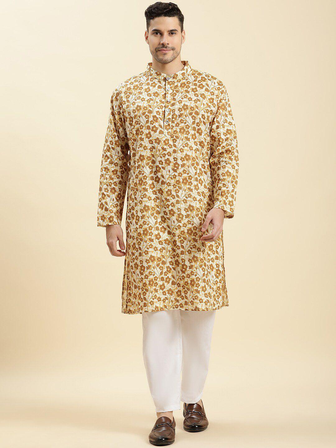 stuffie land men beige floral printed regular pure cotton kurta with pyjamas