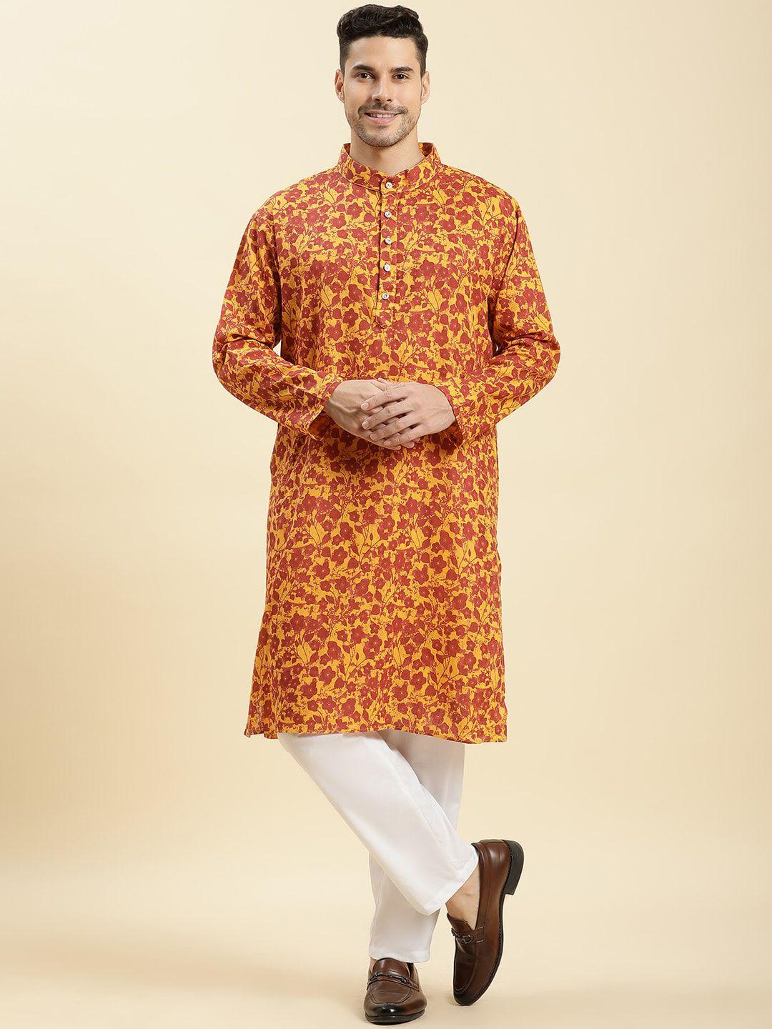 stuffie land men mustard yellow floral printed regular pure cotton kurta with pyjamas