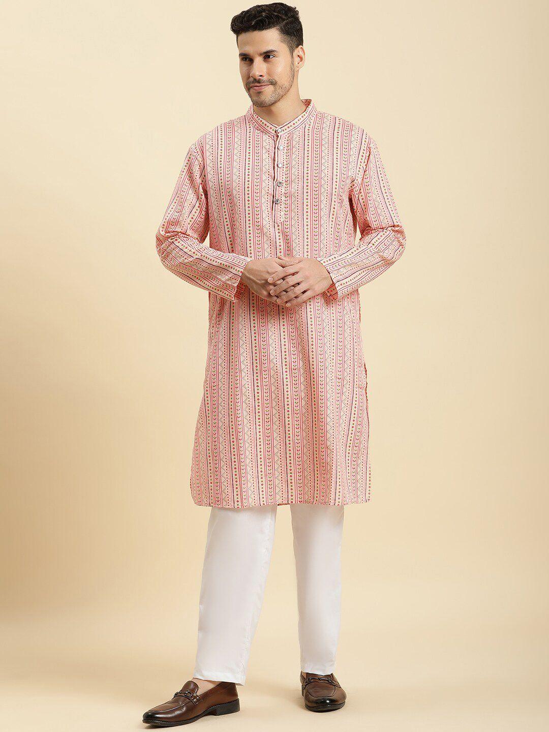 stuffie land men peach-coloured ethnic motifs printed regular pure cotton kurta with pyjamas