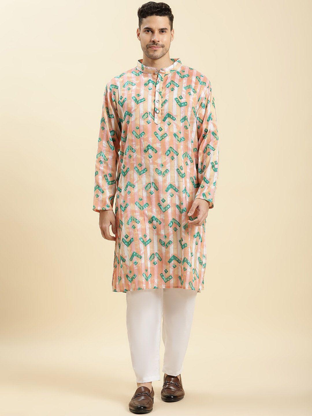 stuffie land men peach-coloured printed regular pure cotton kurta with pyjamas