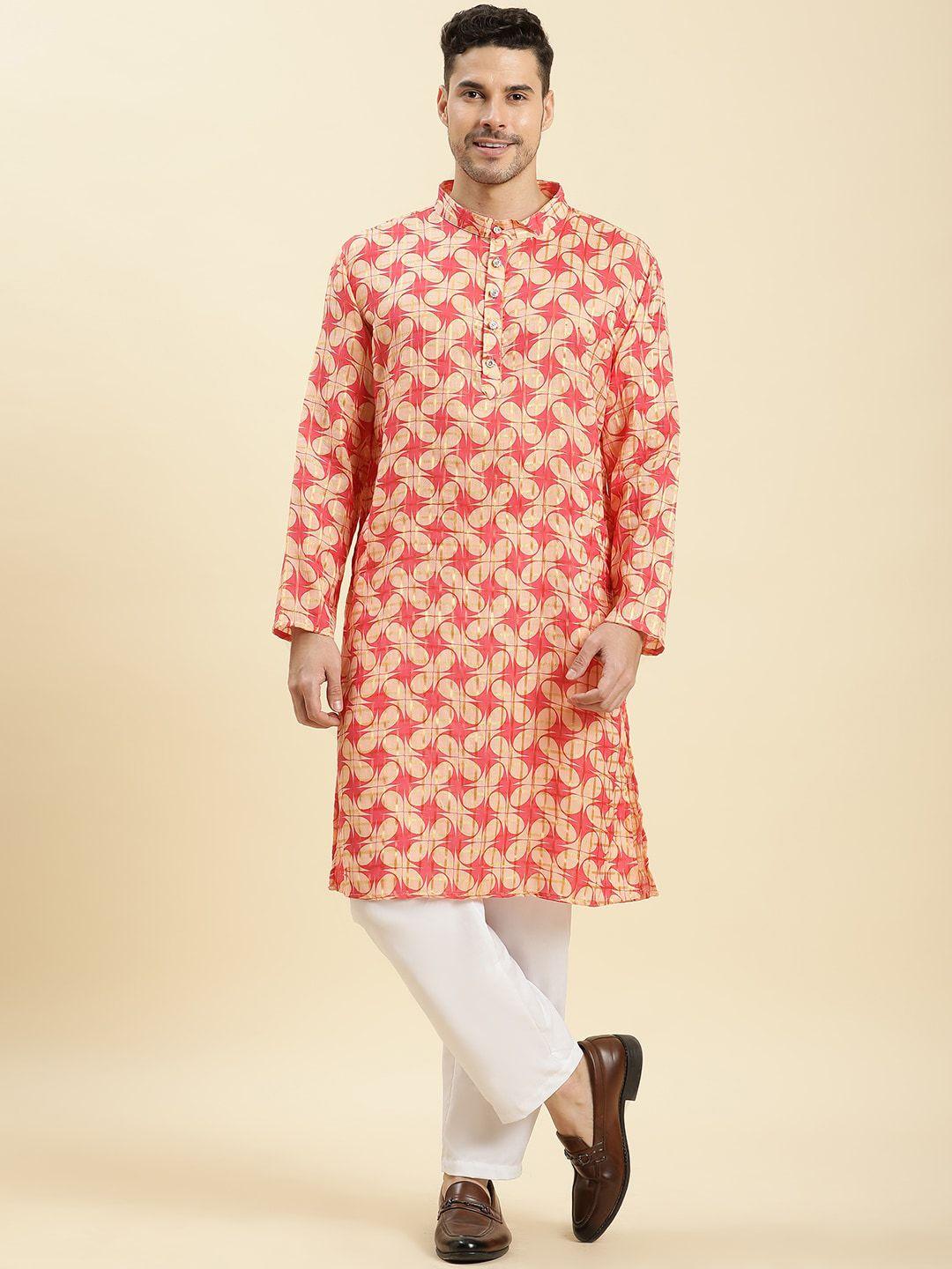 stuffie land men pink printed regular pure cotton kurta with pyjamas