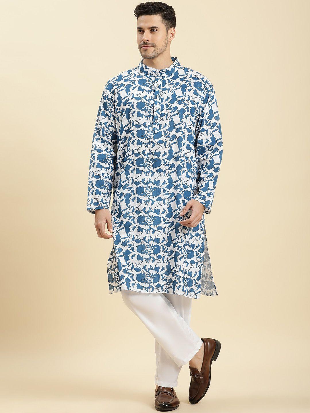 stuffie land men white floral printed regular pure cotton kurta with pyjamas