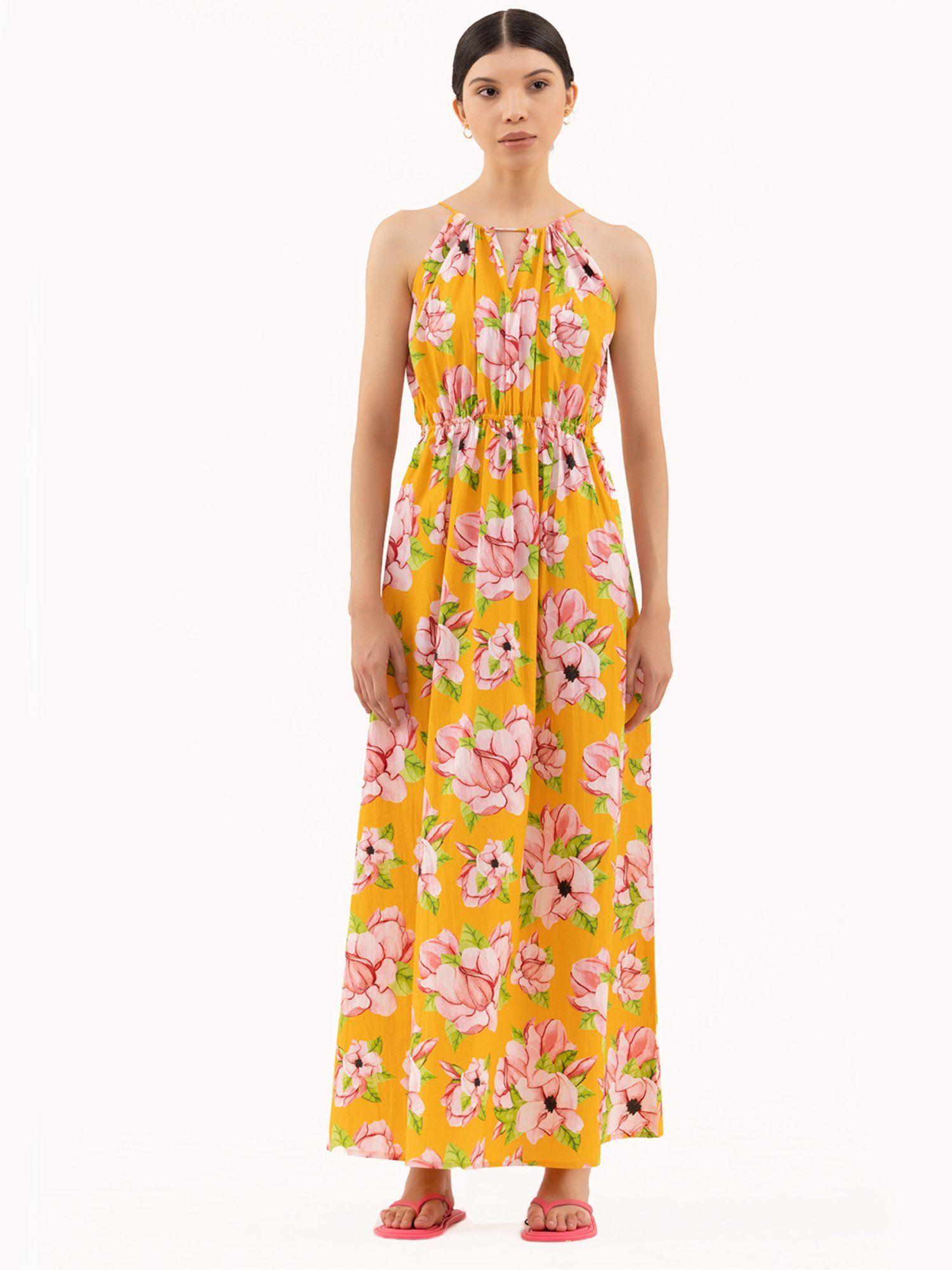 stunning blooming poppy drawstring halter maxi dress