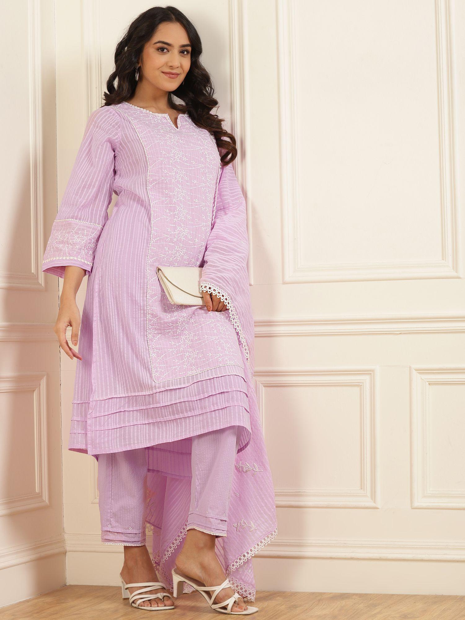 stunning chikankari lilac premium cotton kurta paired with matching pant and dupatta