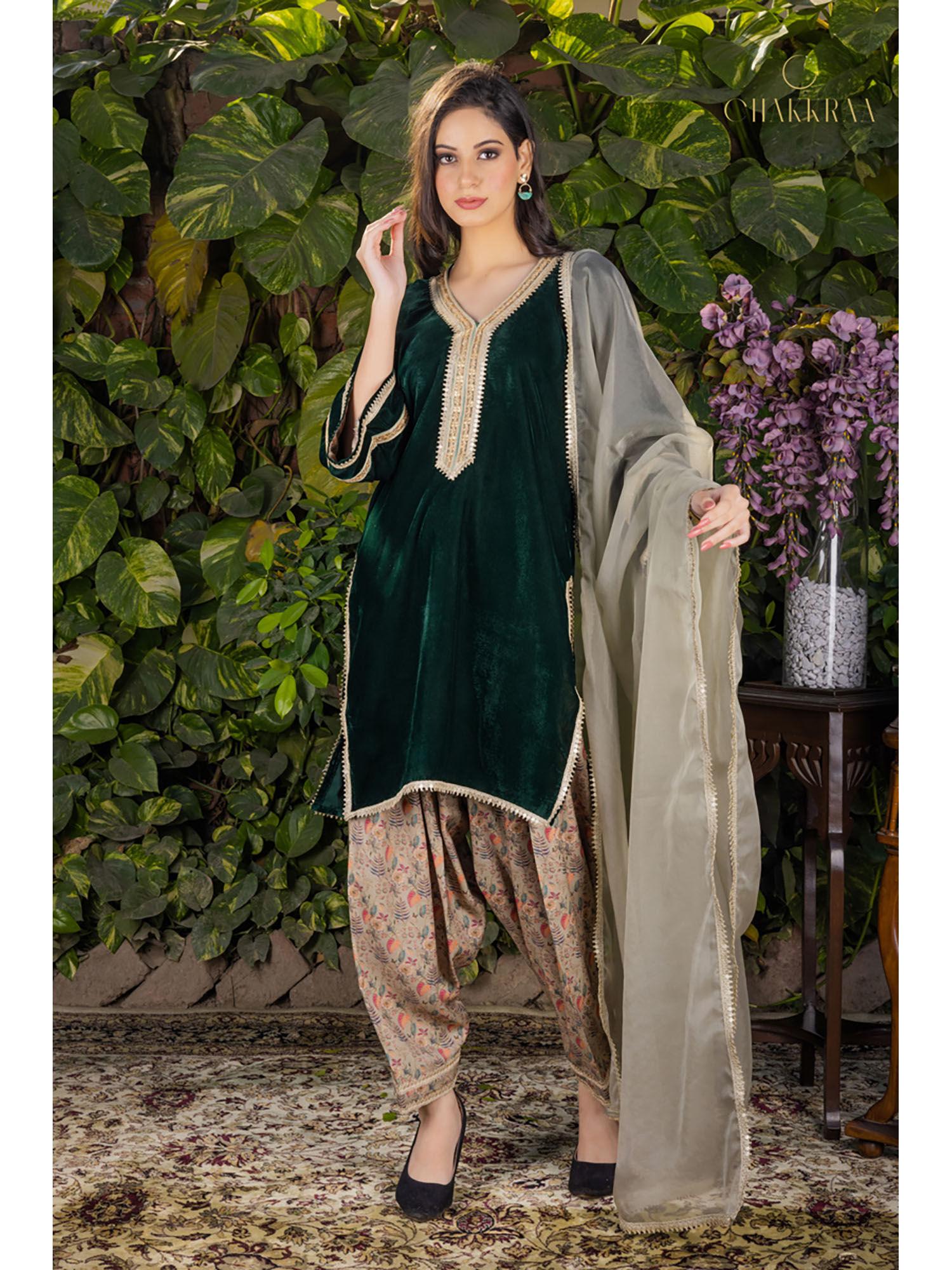 stunning green velvet kurta pant & dupatta (set of 3)