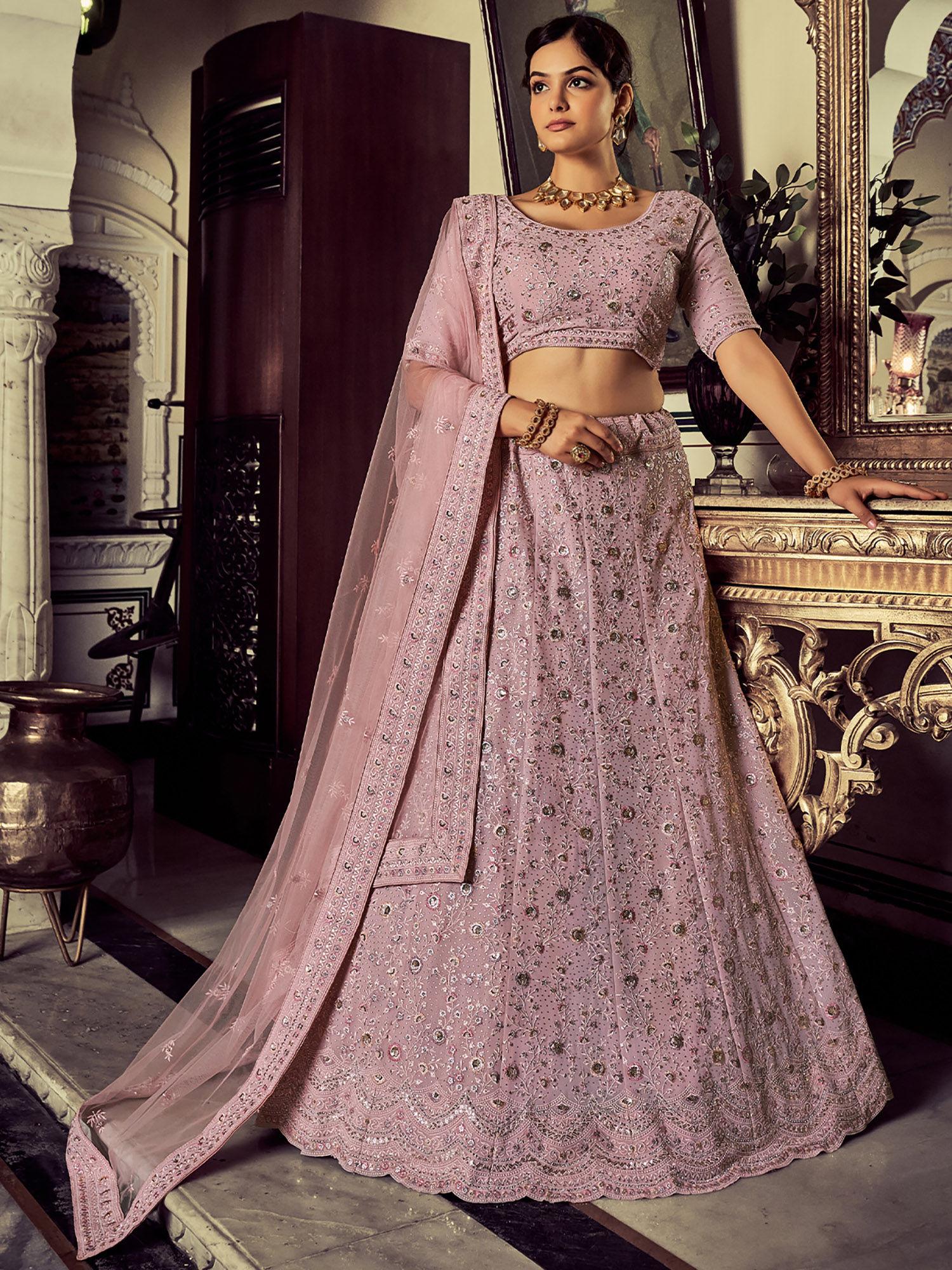 stunning mauve georgette embroidered semi stitched lehenga with unstitched blouse (set of 3)