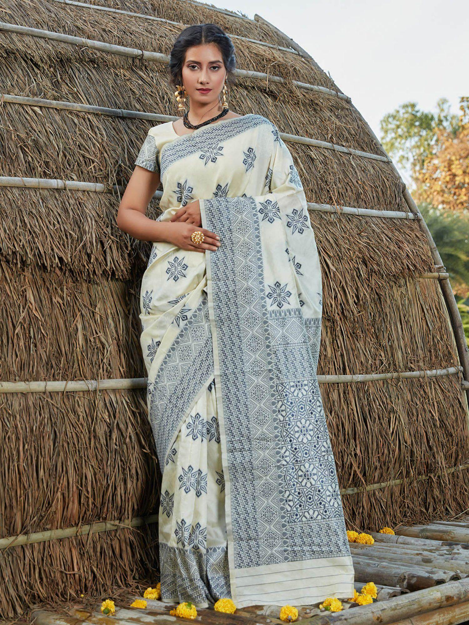 stunning woven off-white banarasi silk saree with unstitched blouse