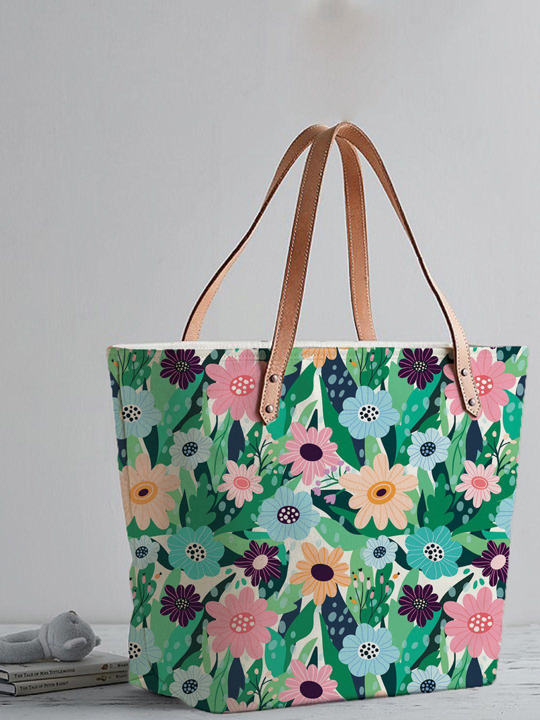 stybuzz green floral printed oversized shopper tote bag with tasselled