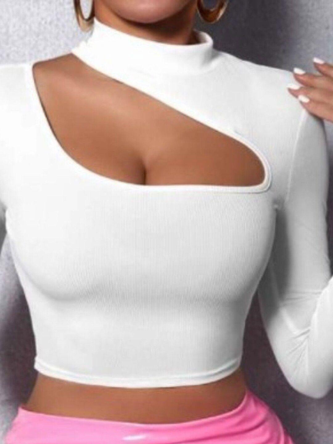 styched high neck long sleeves cut out detail fitted crop top