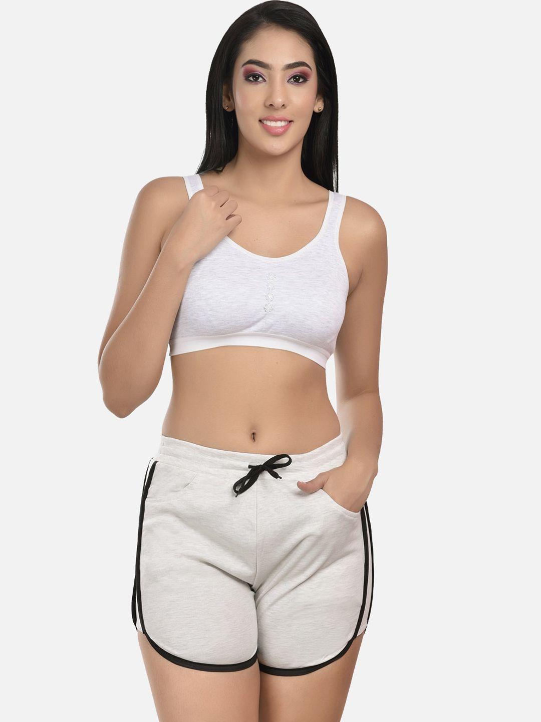 styfun-women-grey-cotton-blend-solid-sports-bra-&-shorts-lingerie-set