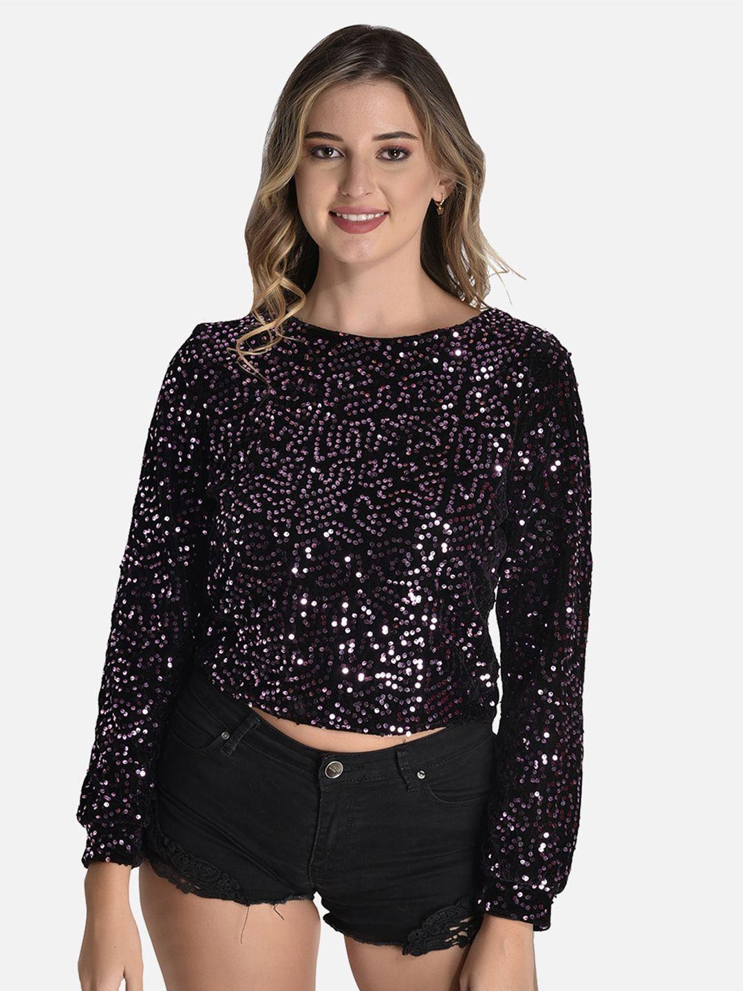 styfun embroidered sequinned styled back velvet  top