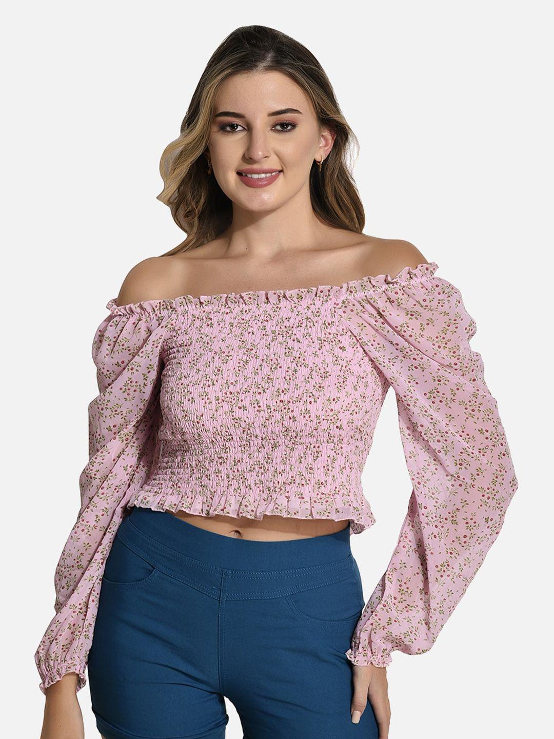 styfun floral printed smocked long sleeves off-shoulder bardot crop top