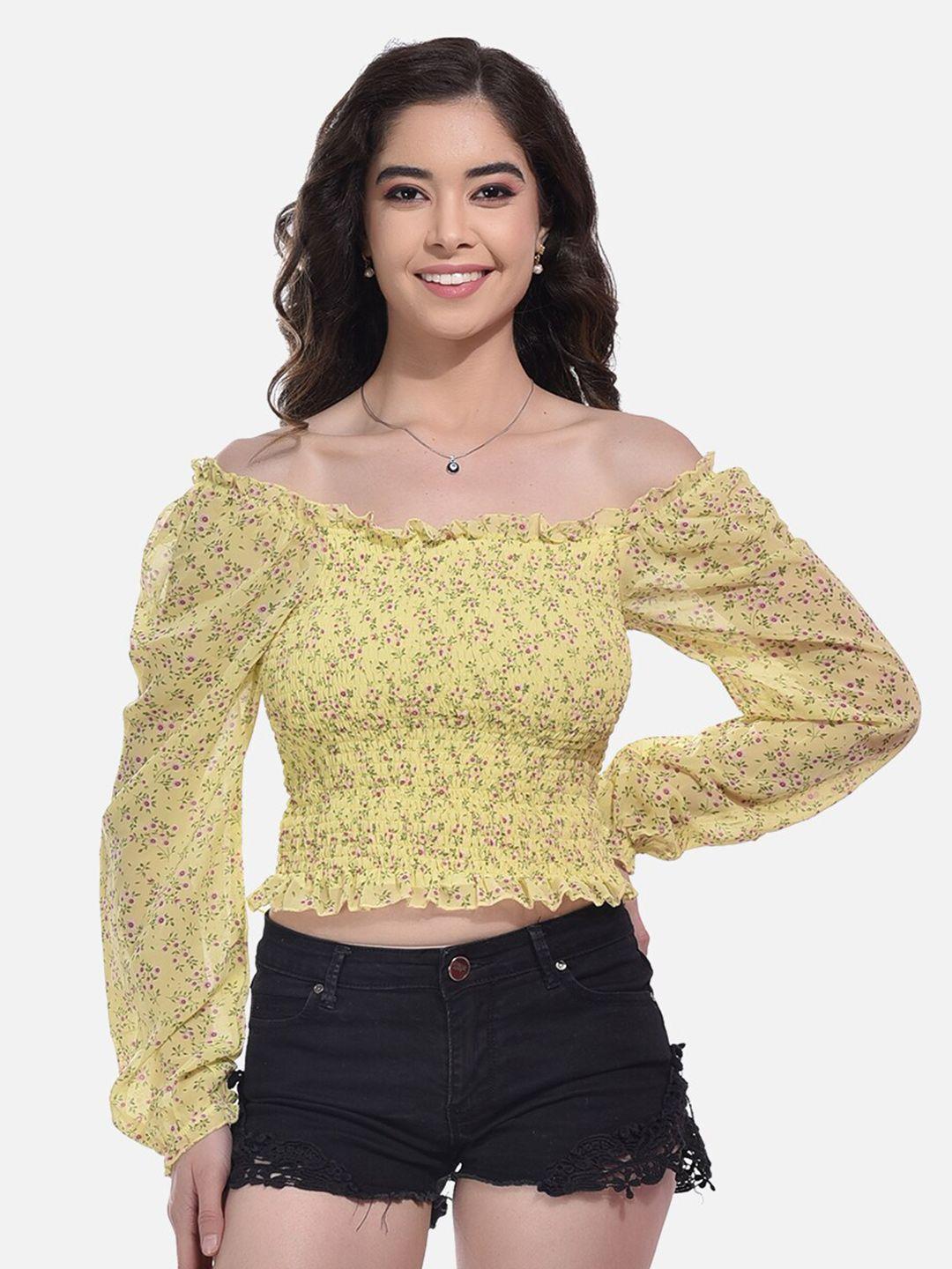 styfun floral printed smocked off-shoulder bardot crop top