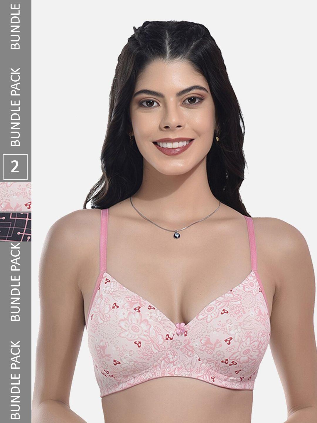 styfun pack of 2 floral printed full coverage all day comfort cotton t-shirt bra