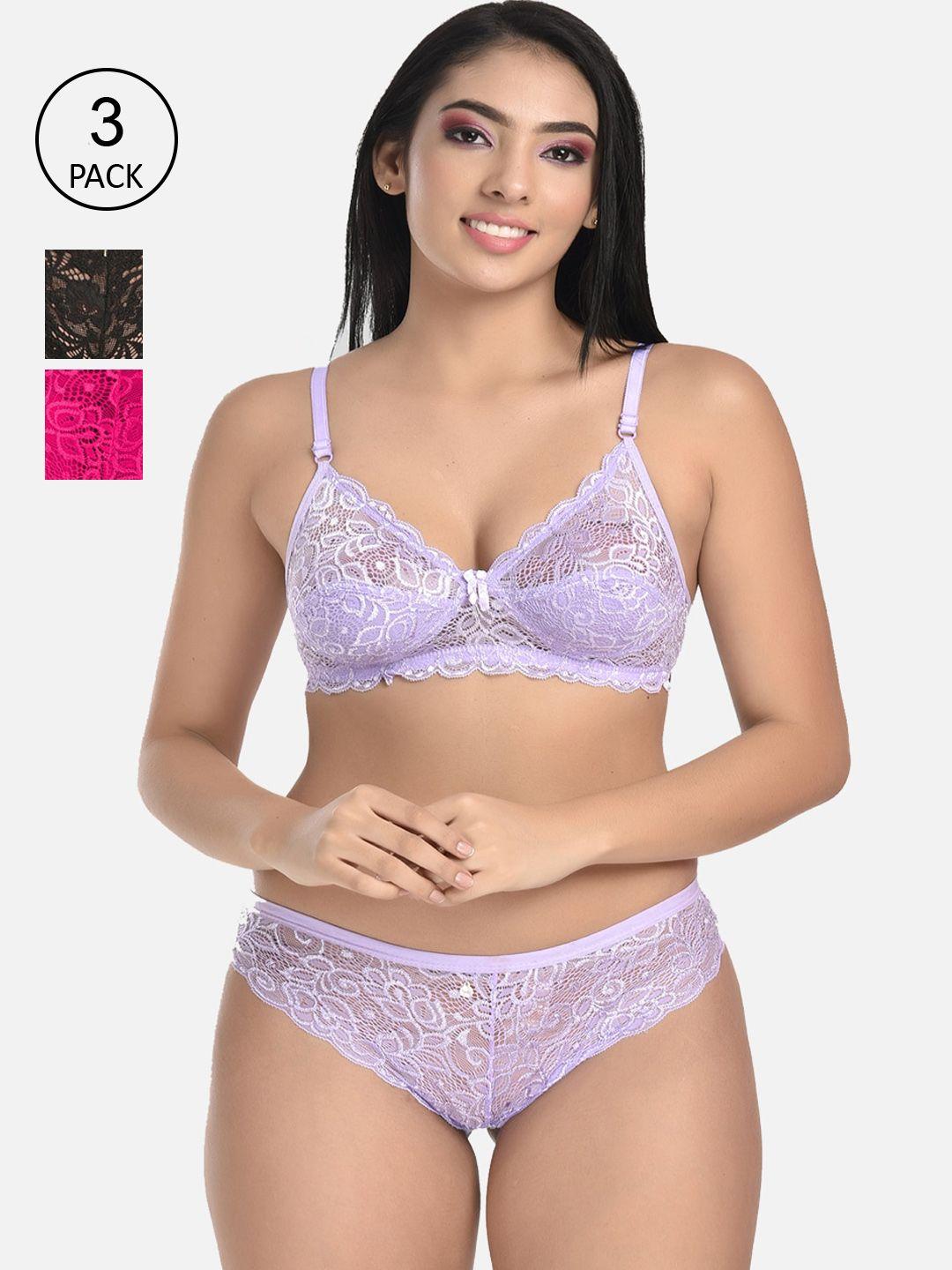 styfun set of 3 self-design lace lingerie set