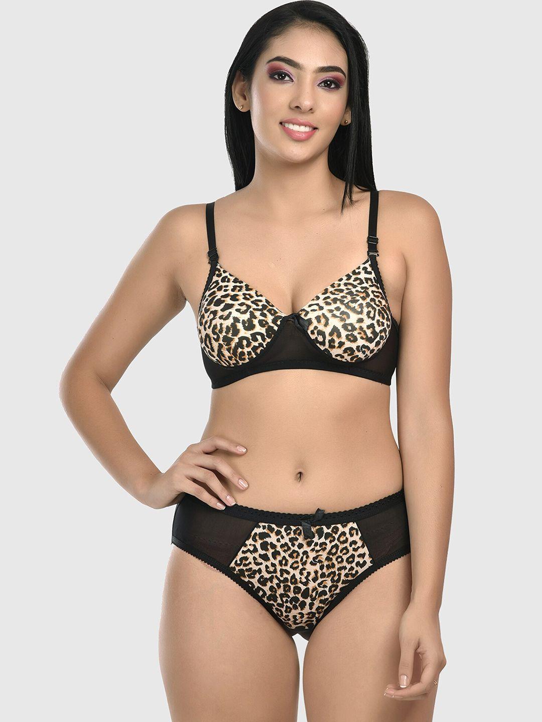 styfun women black leopard printed padded lingerie set