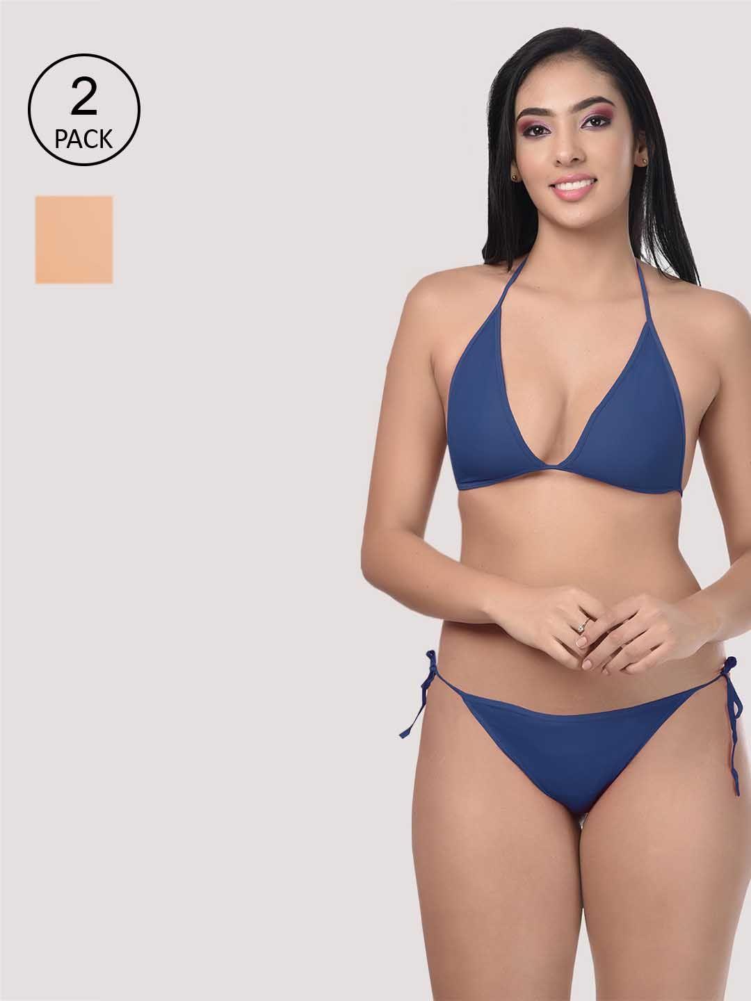 styfun women pack of 2 navy blue & beige solid bikini sets