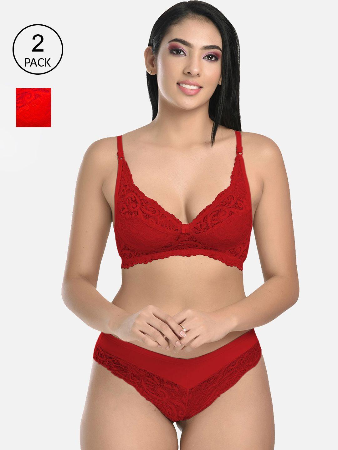 styfun women pack of 2 red & maroon floral lace lingerie set