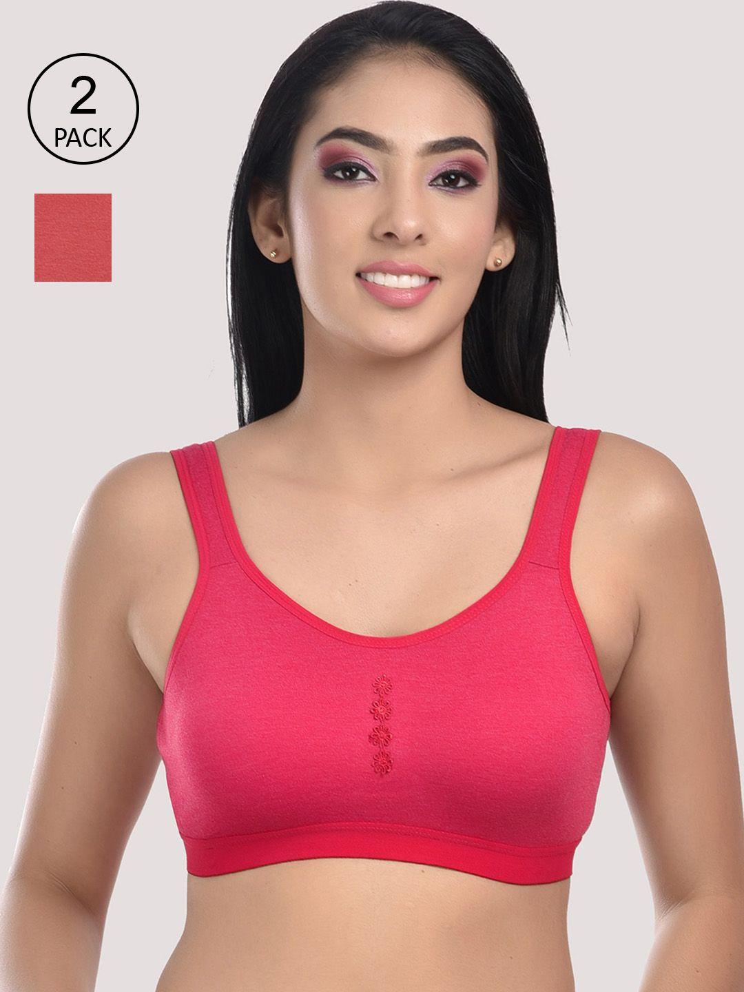 styfun women red & pink solid cotton blend sports bra