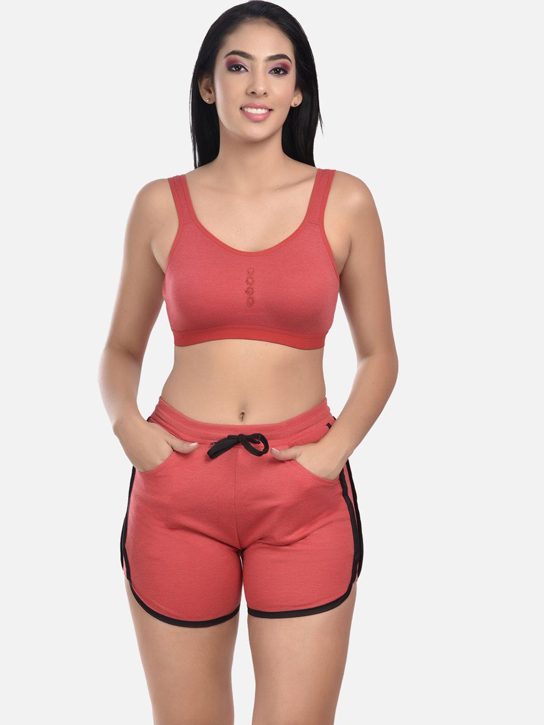 styfun women red solid round neck sports bra & shorts lingerie set