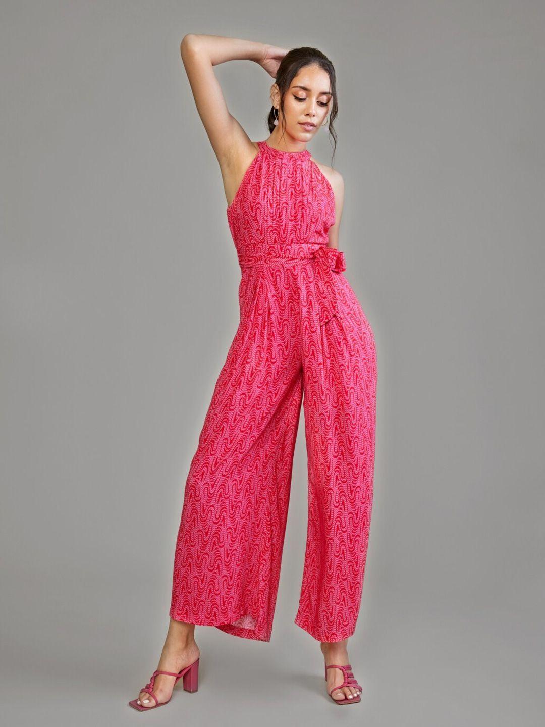 style island abstract printed halter neck basic jumpsuit