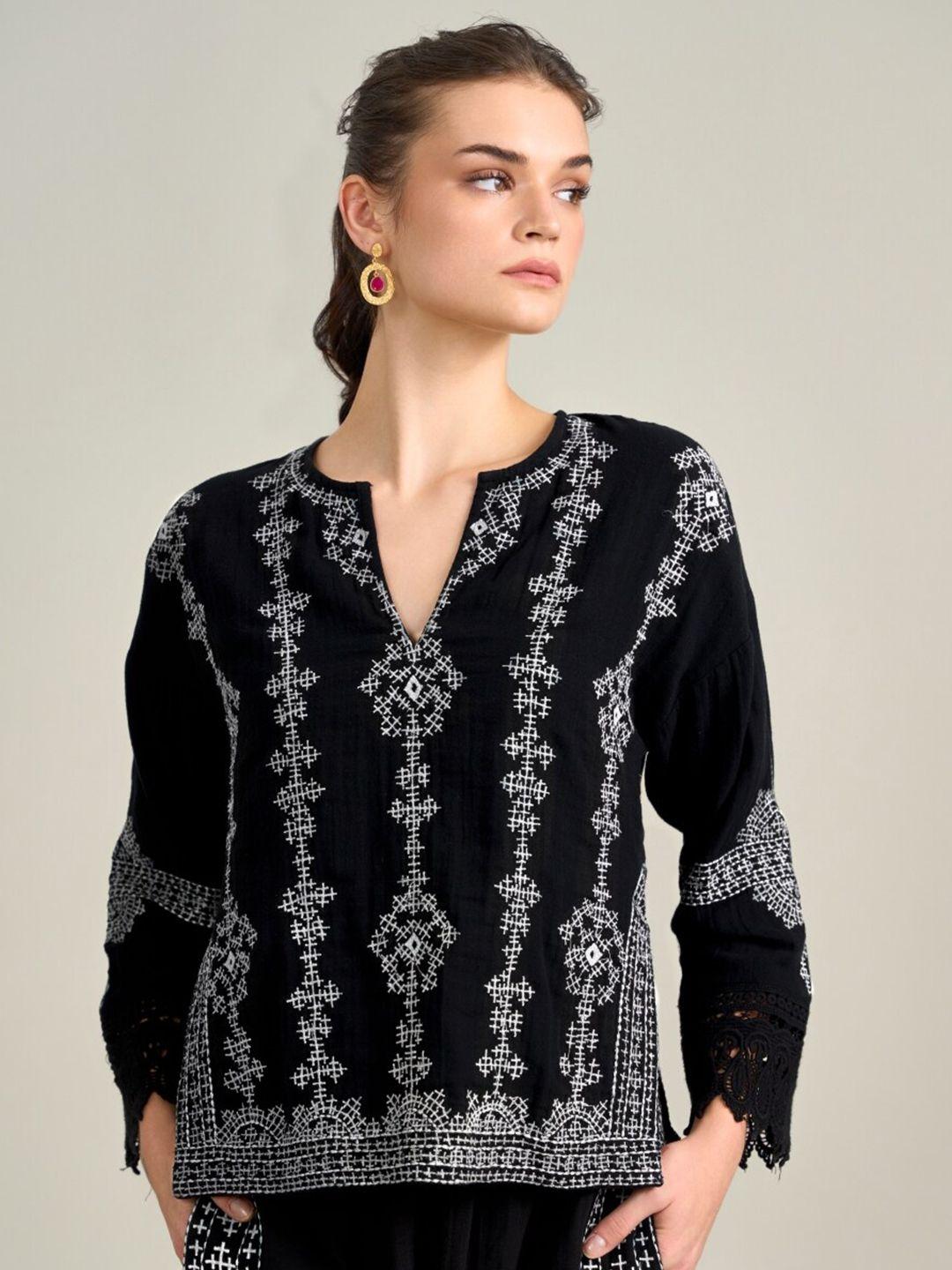 style island geometric embroidered bohemian cotton regular top