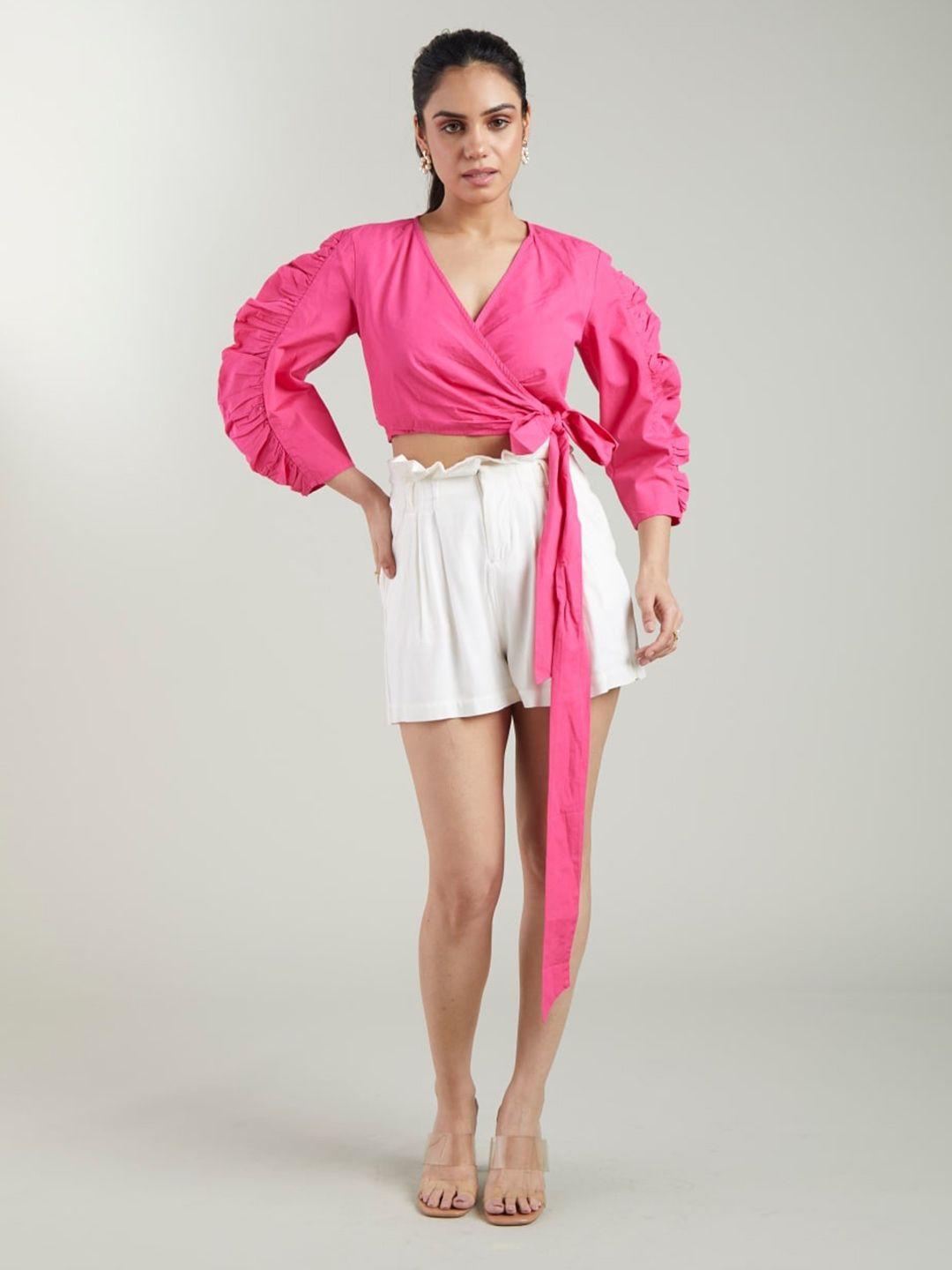 style island pink ruffles bohemian cotton wrap crop top