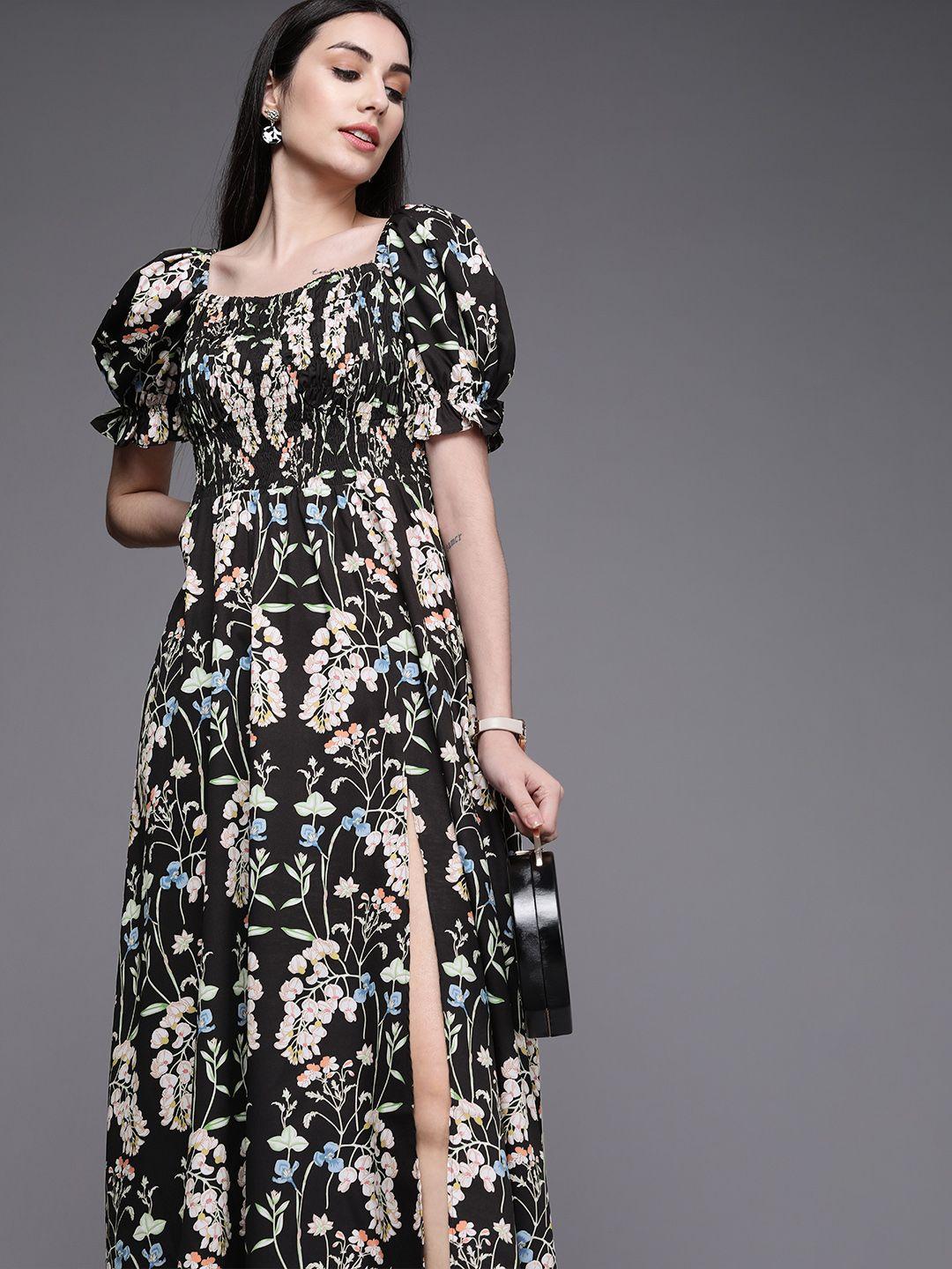 style quotient black & multicoloured floral crepe maxi dress