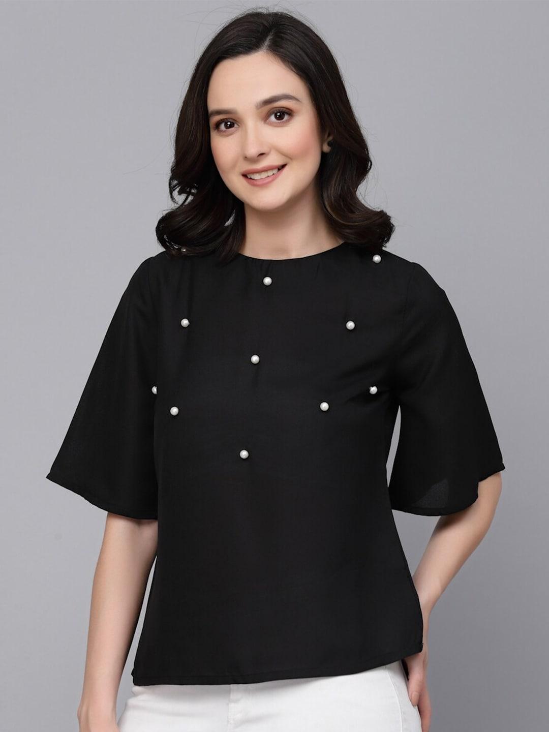 style quotient black pearl embellished round neck flared sleeve top