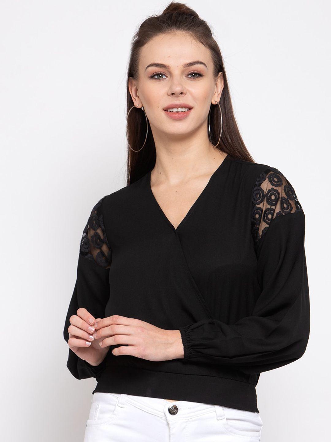 style quotient black puff sleeves crepe wrap top