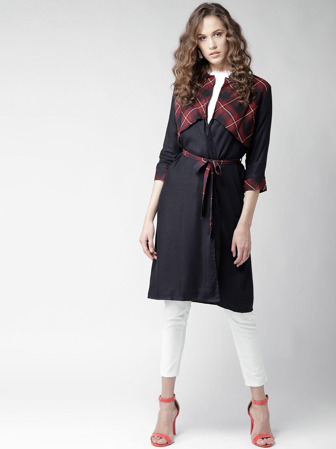 style quotient by noi navy blue & red solid layered open front longline shrug