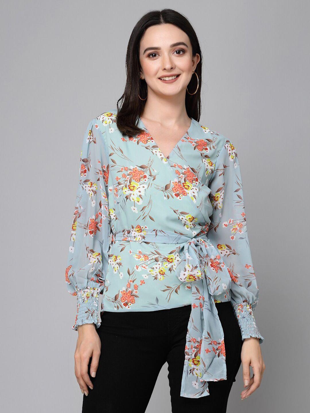 style quotient green floral printed puff sleeves tie-ups georgette wrap top