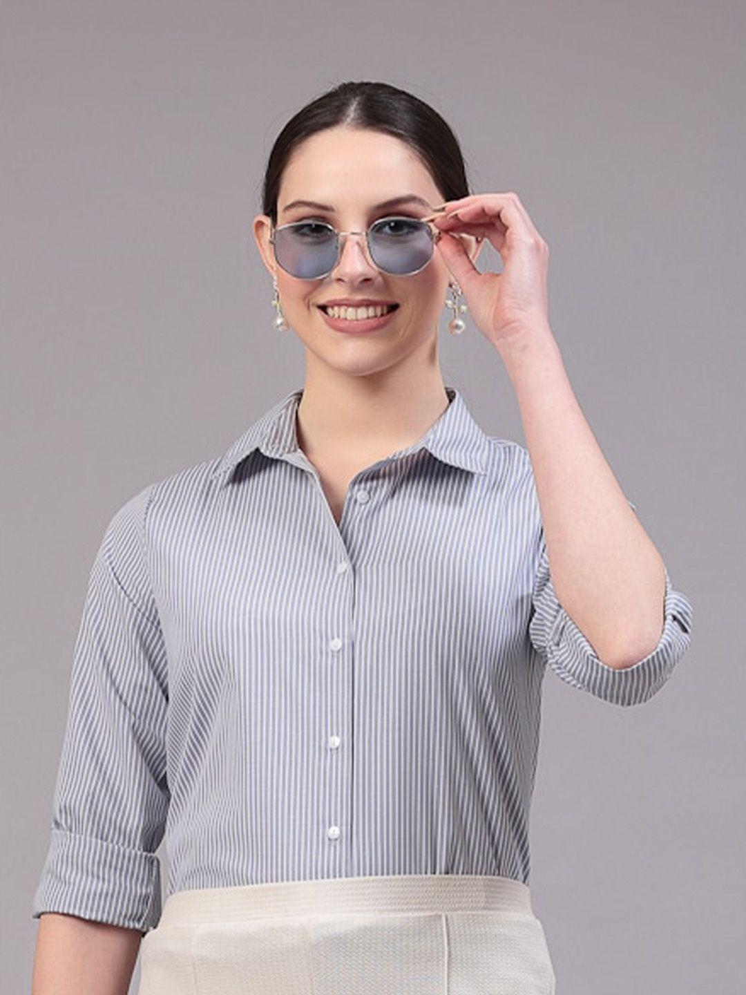 style quotient grey & white classic striped cotton casual shirt