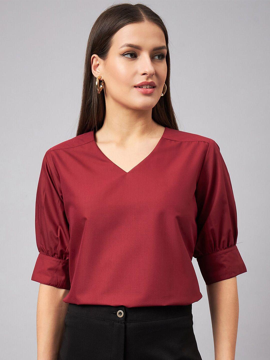 style quotient maroon v-neck puff sleeves top
