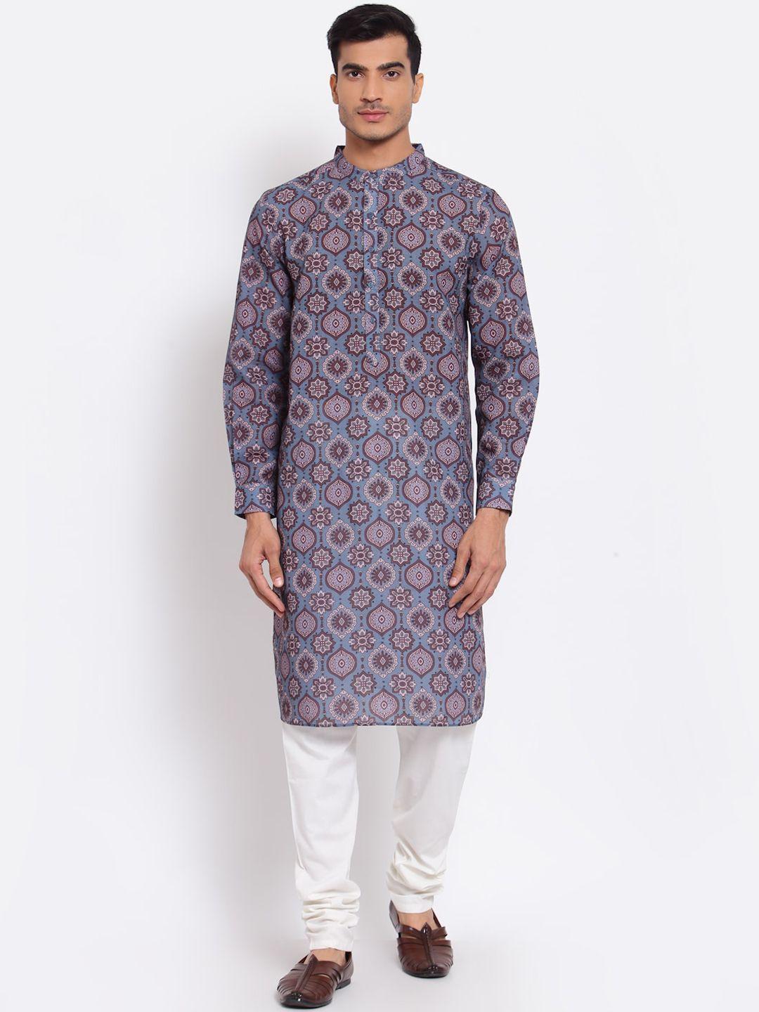 style quotient men blue & brown ethnic motifs printed kurta