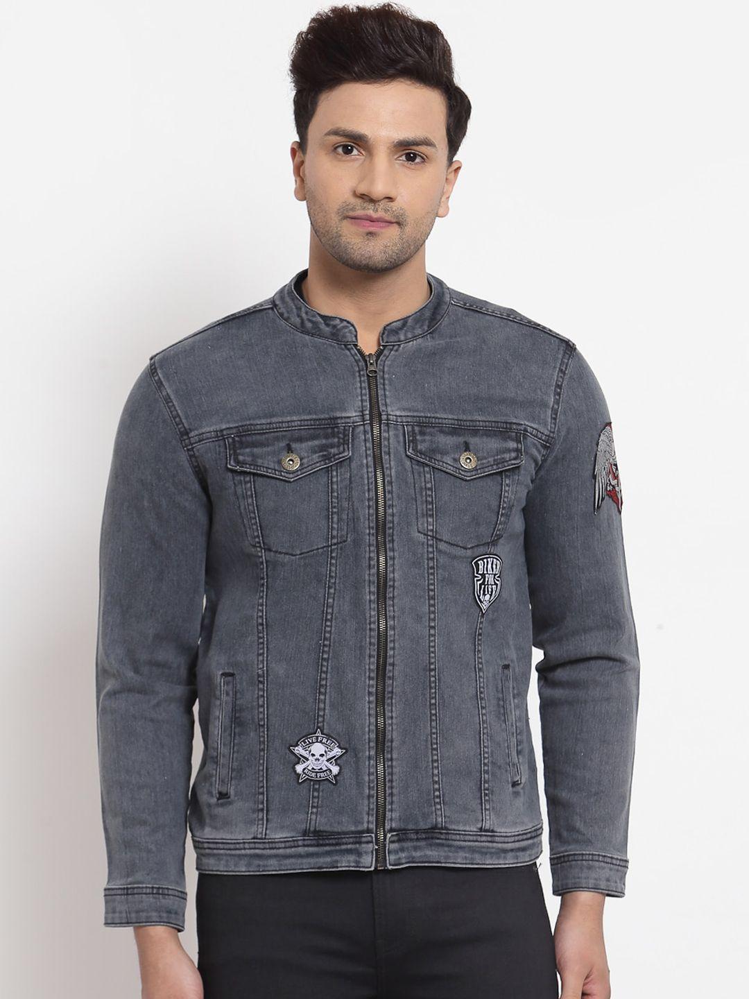 style quotient men grey washed denim jacket with embroidered patch
