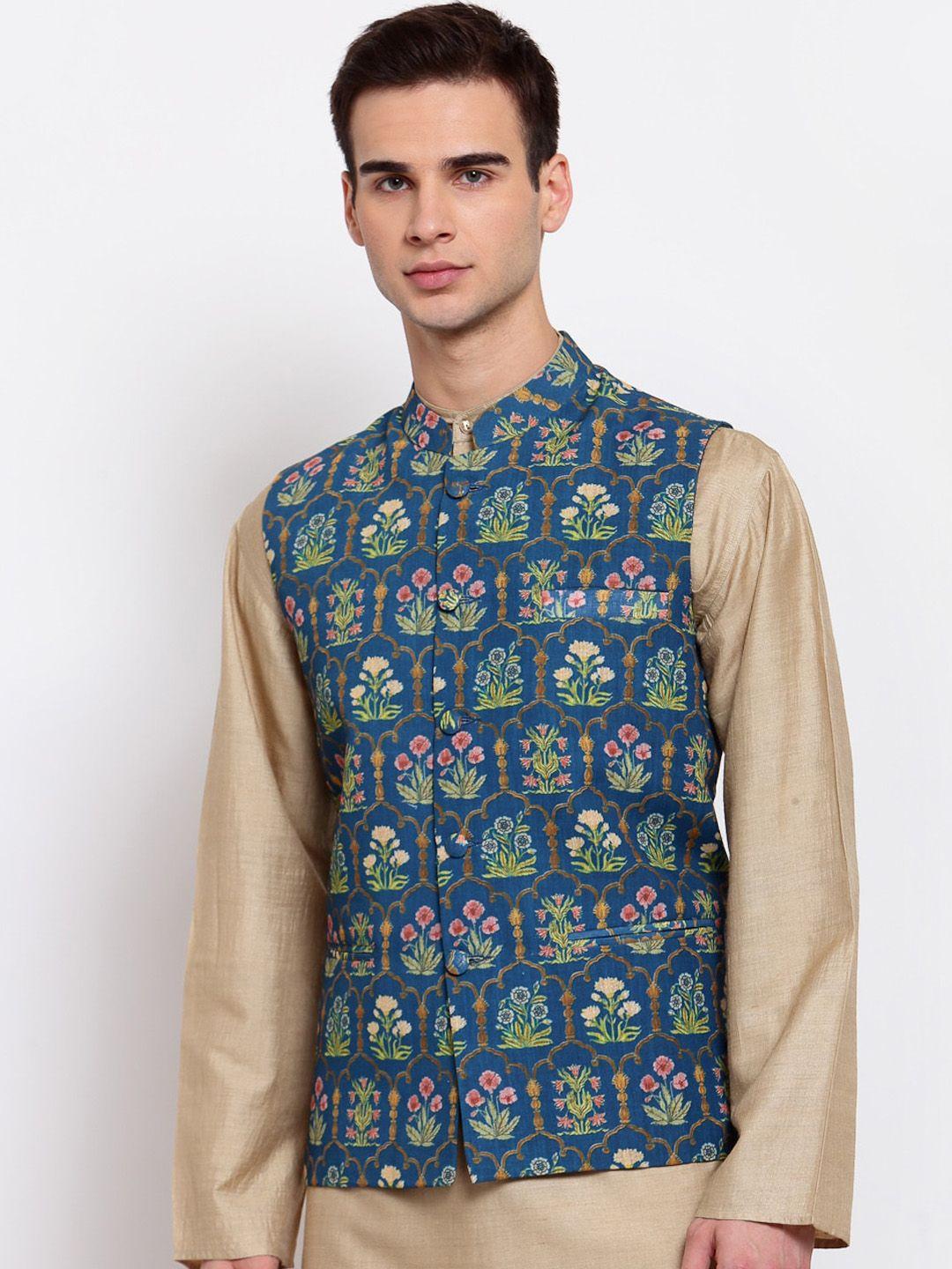 style-quotient-men-teal-blue-&-green-printed-woven-nehru-jacket