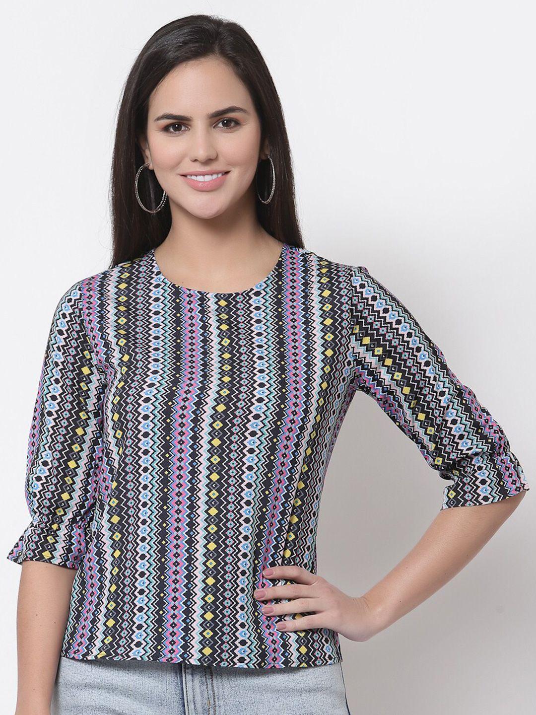 style quotient multicoloured geometric print roll-up sleeves crepe top