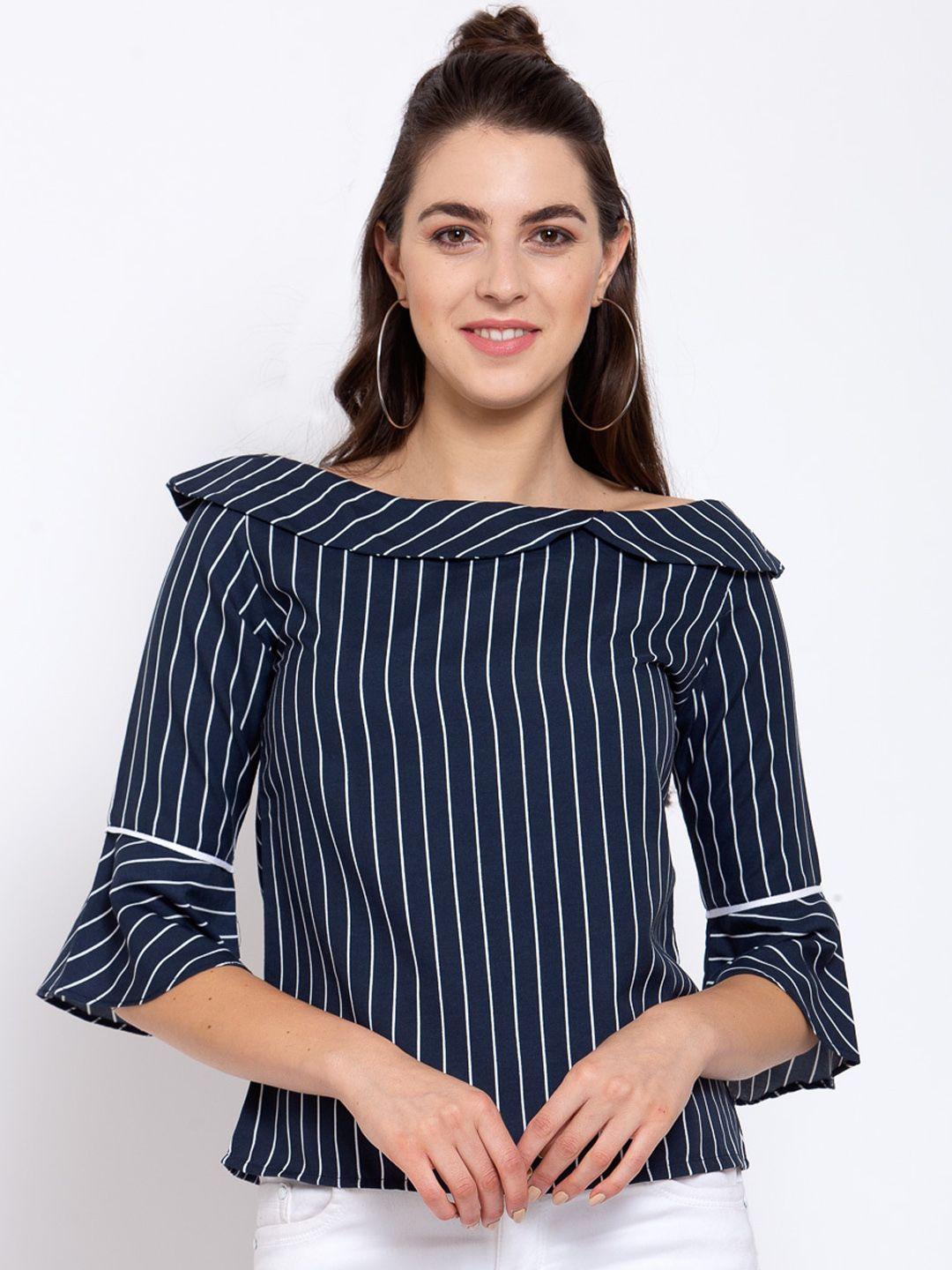 style quotient navy blue & white striped bell sleeves crepe regular top