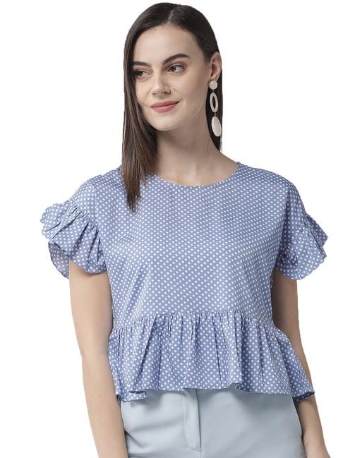 style quotient sky blue polka dot top