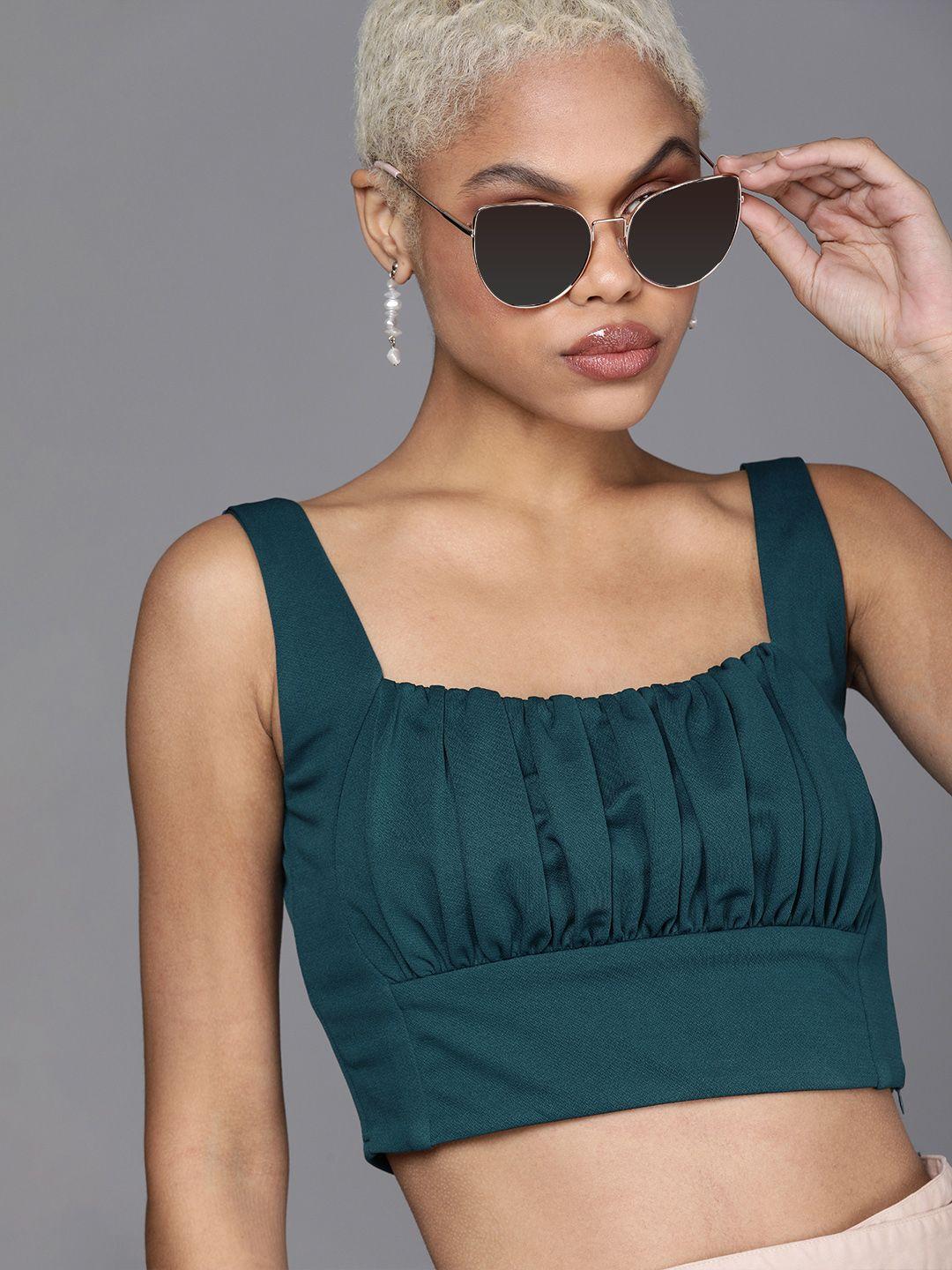 style quotient teal green pleated crop top