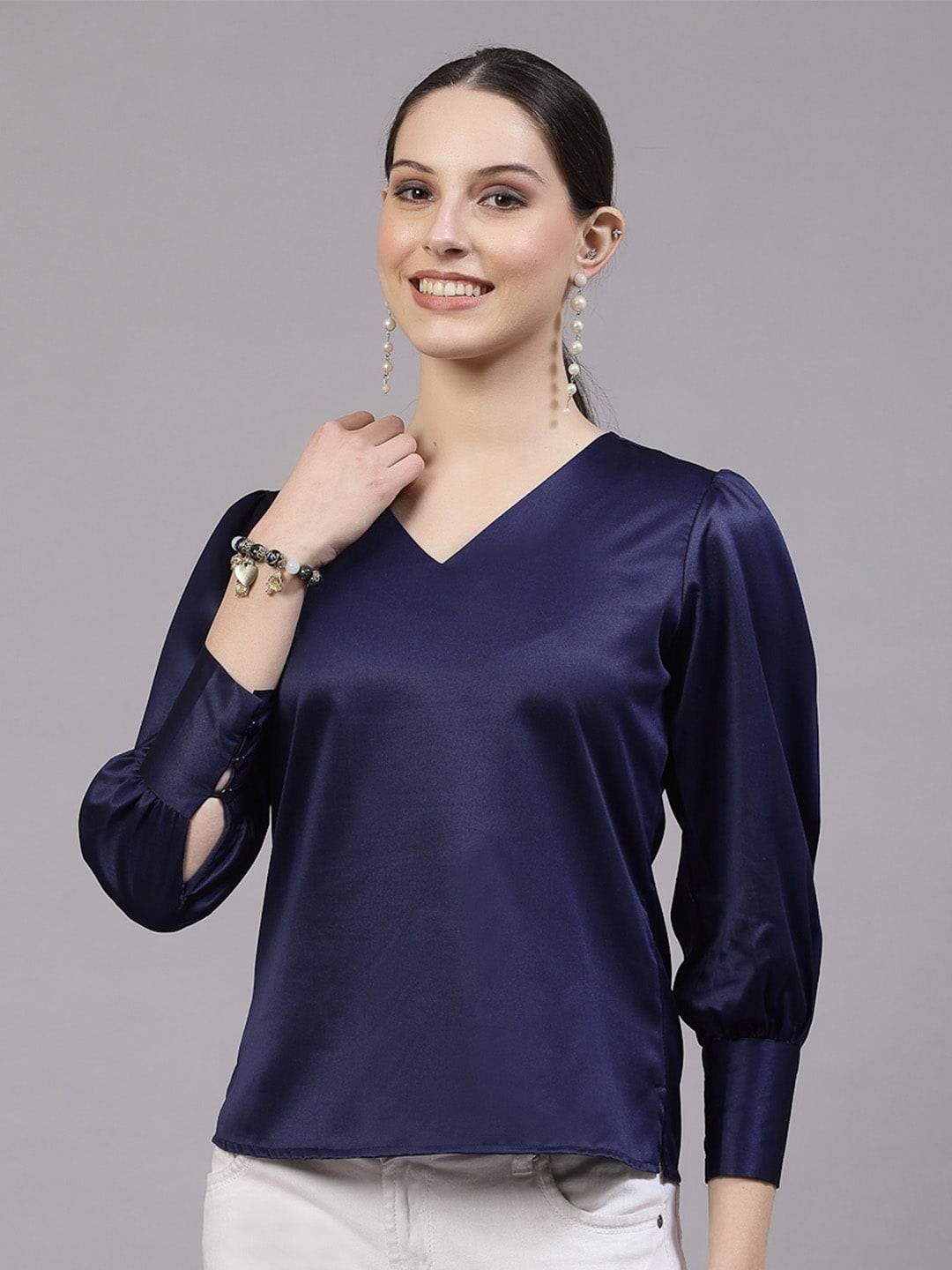 style quotient v-neck cuffed sleeves satin top