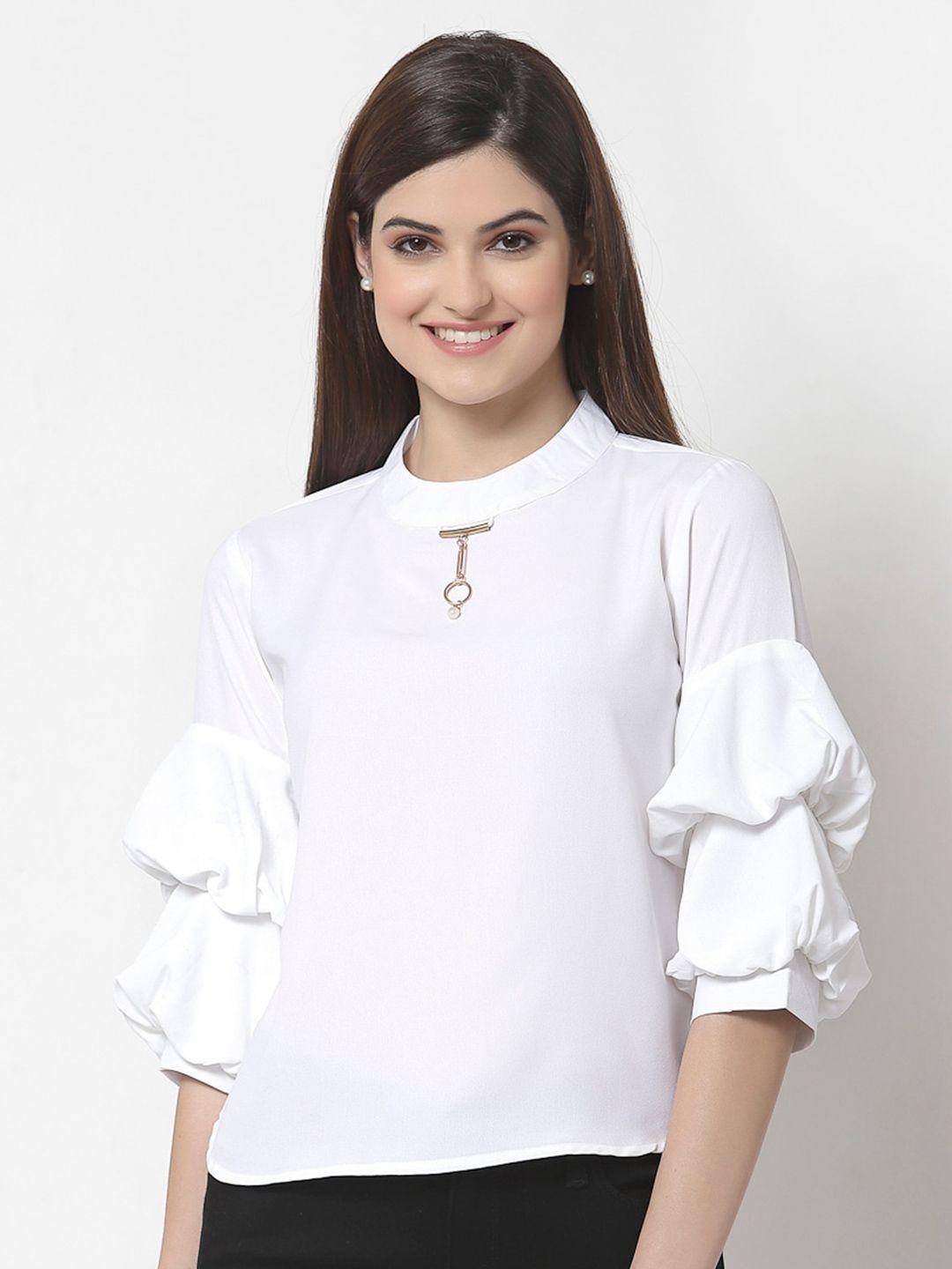 style quotient white solid bishop sleeves crepe top