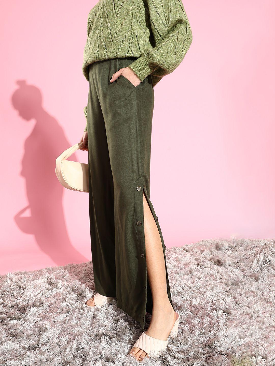 style quotient women alluring olive solid flared trousers